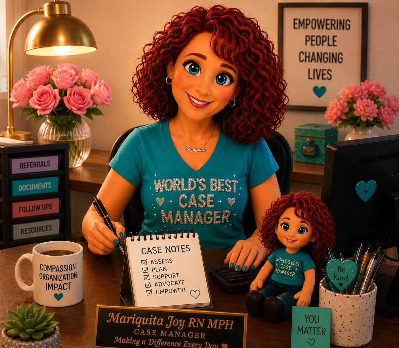 Anime Mariquita — World's Best Case Manager at her desk