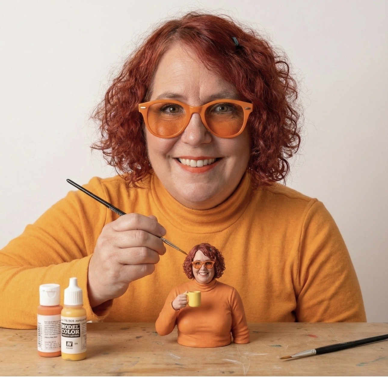 Anime Mariquita painting a tiny version of herself in orange