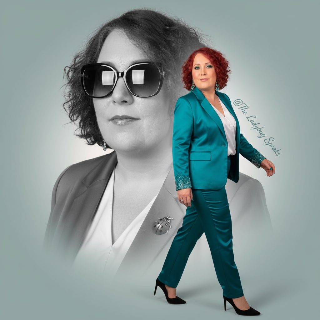 Mariquita Joy — The Ladybug Speaks, dual portrait in teal suit with ladybug brooch